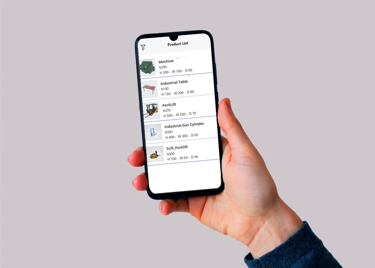 Product list screen view of Power Apps mixed reality app Product list screen view of Power Apps mixed reality app
