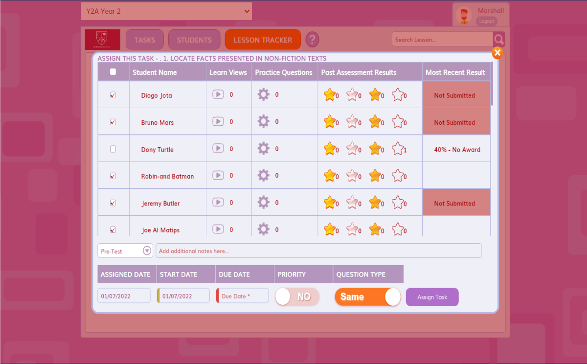 Online Learning Platform Task Assigment Section Web Screenshot