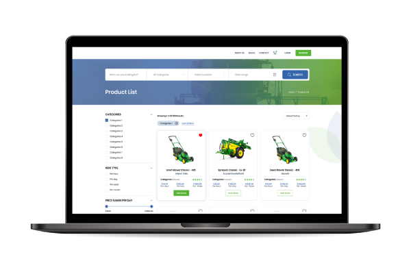 Product Listing Screen Of Developed Farming Equipment Hiring Portal