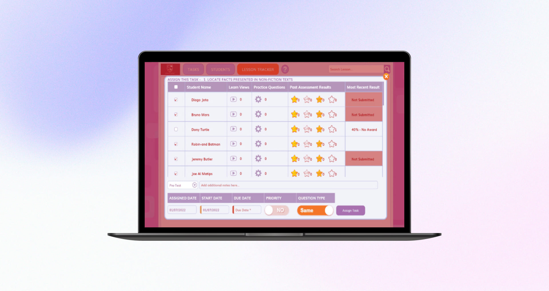e-Learning platform task assignment dashboard