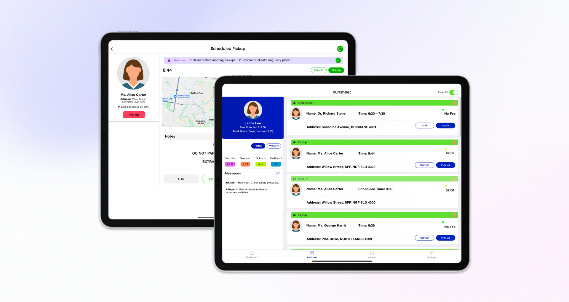 Healthcare App with Runsheet and Scheduled Pickup Screens – Tablet View Snapshot