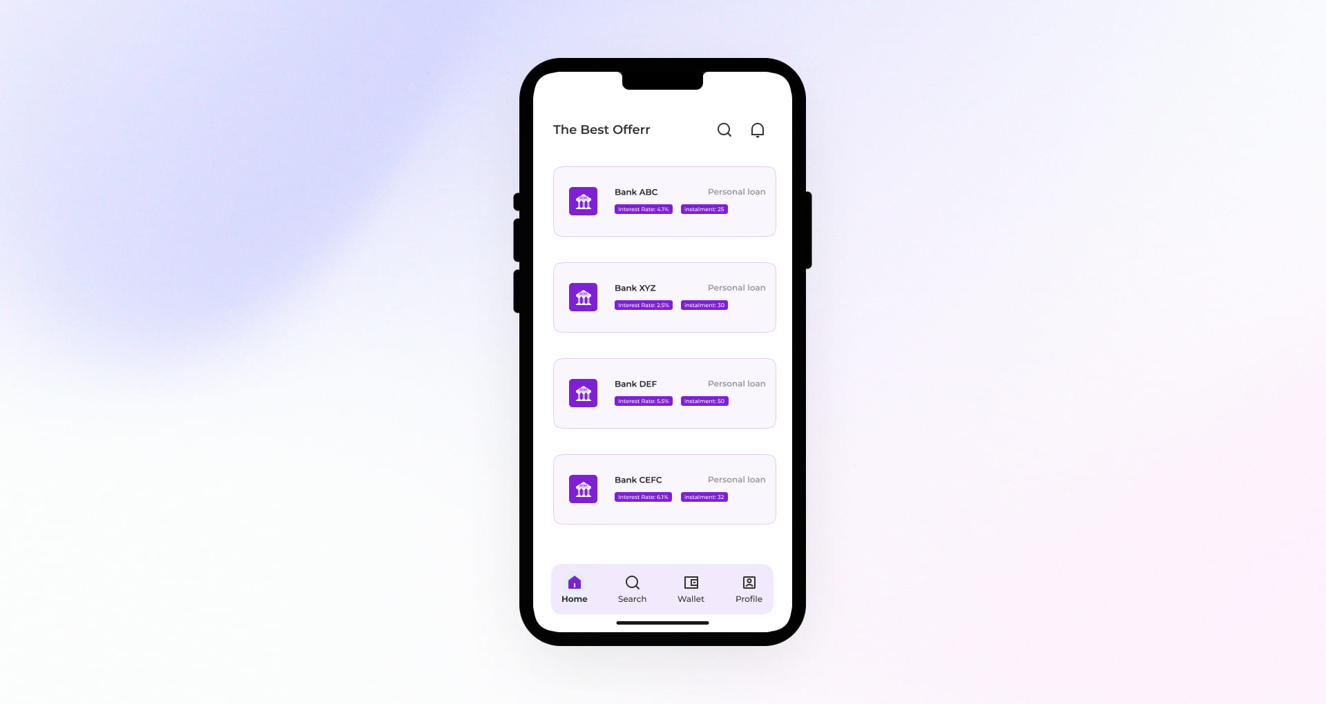 Mobile app screen showing personal loan offers from banks
