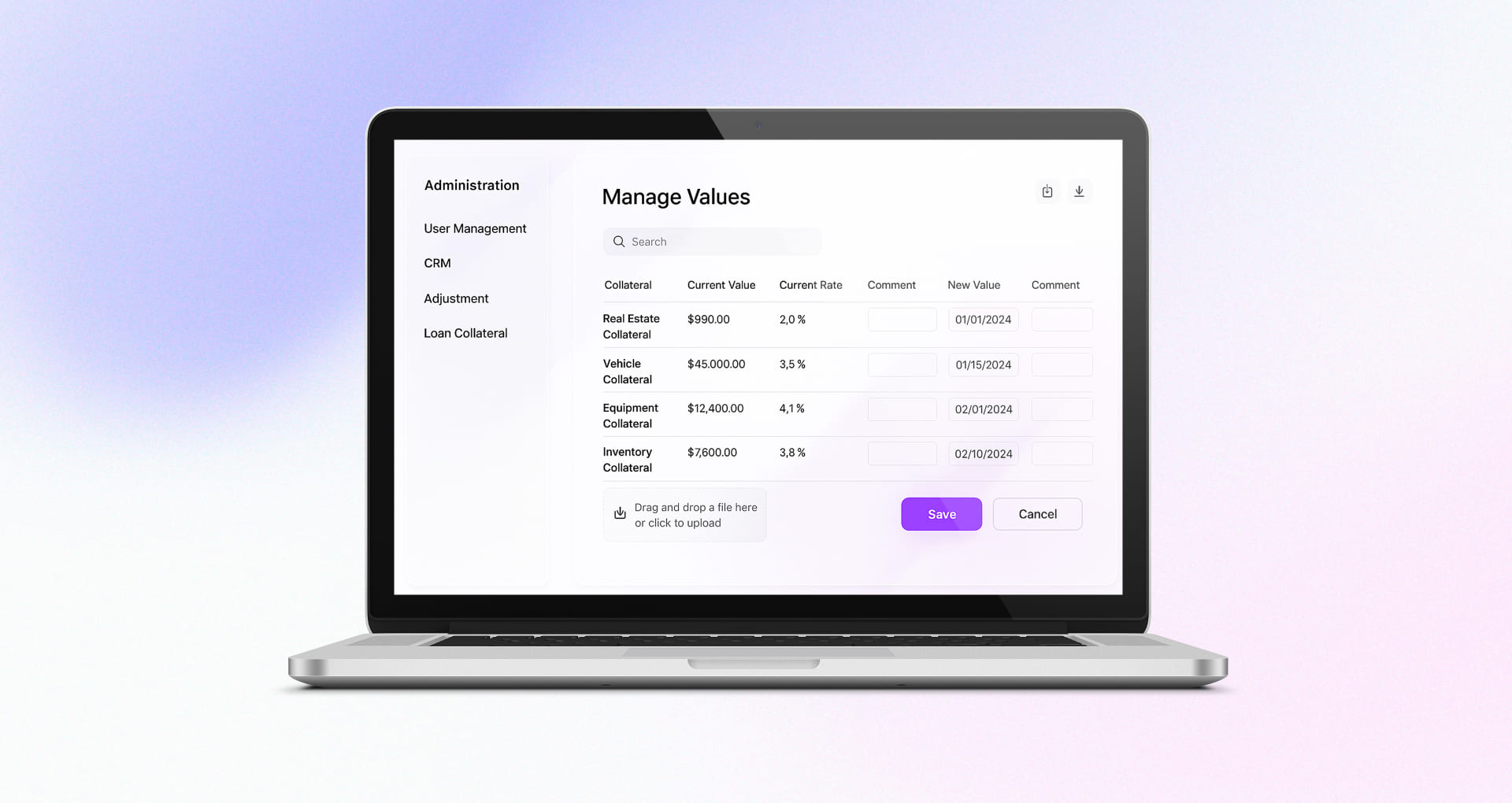Manage Values interface in a loan collateral management system
