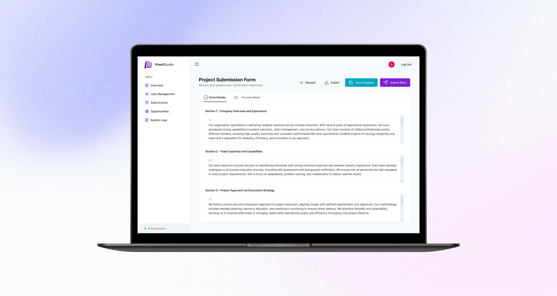 RFP automation platform form submission dashbaord